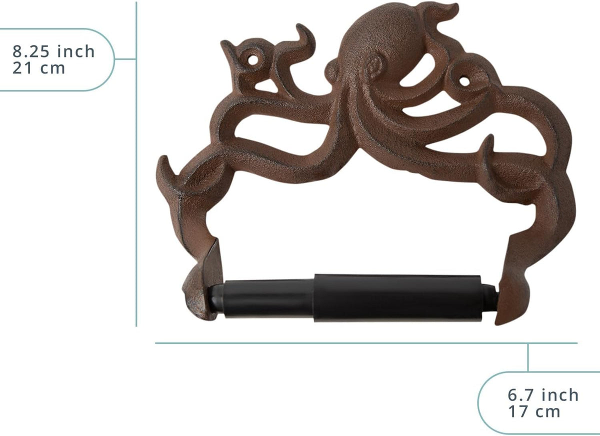 Rust Brown Cast Iron Octopus Toilet Paper Holder – Nautical Cabin | Rust Brown Octopus; Cast Iron; 6.69"H X 8.07"L; Holds Jumbo Rolls; Spring-Loaded; Screws and Anchors Included
