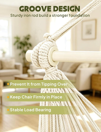 Hammock Chair Hanging Swing Max 500 Lbs 2 Cushions Included Metal Spreader Bar with Anti-Slip Grooves Portable Hanging Chair Side Pocket Large Macrame Bohemian Chair Indoor Outdoor