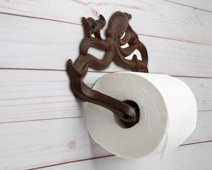 Rust Brown Cast Iron Octopus Toilet Paper Holder – Nautical Cabin | Rust Brown Octopus; Cast Iron; 6.69"H X 8.07"L; Holds Jumbo Rolls; Spring-Loaded; Screws and Anchors Included