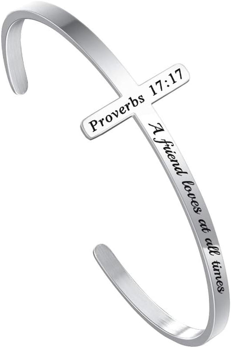Cross Bracelet - Christian Gifts for Mom Daughter Friends Teacher Women - Engraved Quote Religious Cuff Bangle Bible Verse Confirmation Baptism Gifts