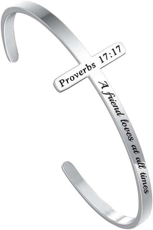 Cross Bracelet - Christian Gifts for Mom Daughter Friends Teacher Women - Engraved Quote Religious Cuff Bangle Bible Verse Confirmation Baptism Gifts
