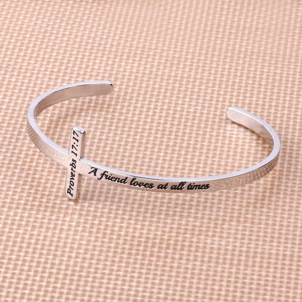 Cross Bracelet - Christian Gifts for Mom Daughter Friends Teacher Women - Engraved Quote Religious Cuff Bangle Bible Verse Confirmation Baptism Gifts