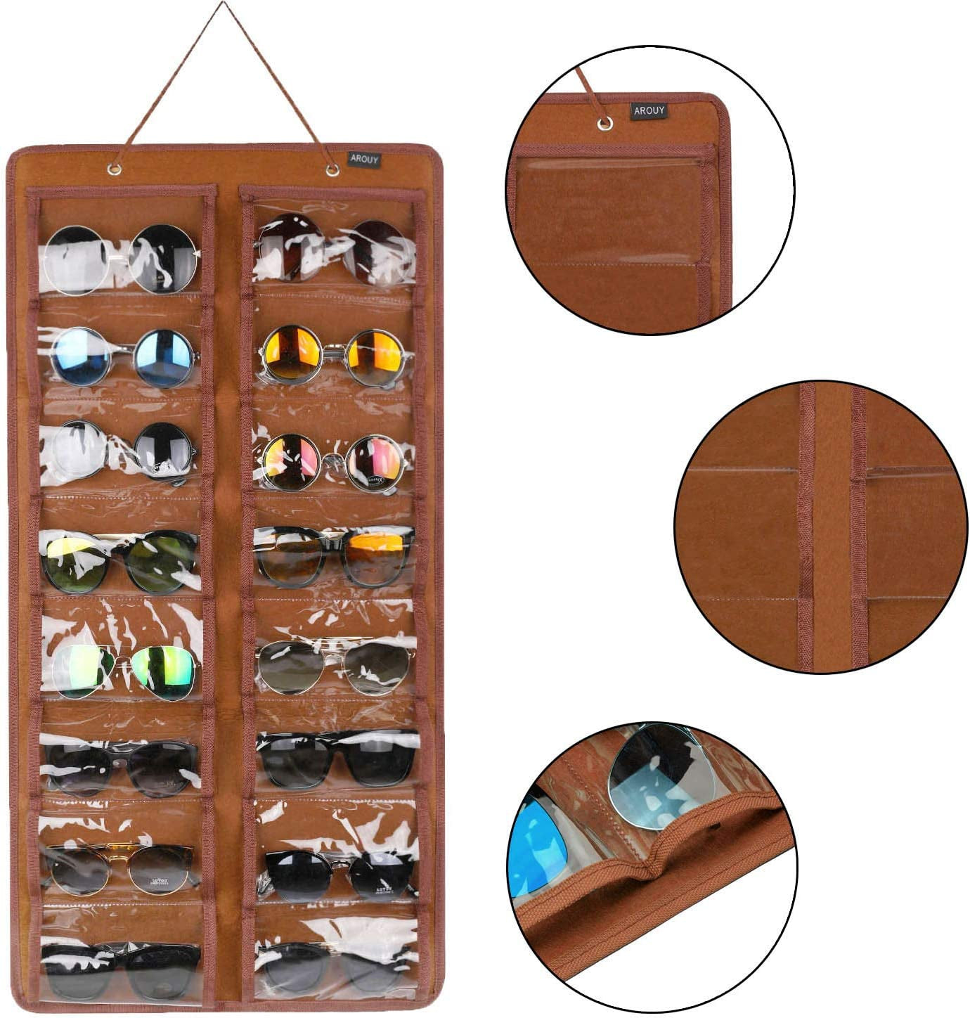 Sunglasses Organizer Storage, Hanging Dust Proof Wall Pocket Glasses Organizer - 16 Felt Slots Sunglass Organizers Holder with Metal Hook and Sturdy Rope (Brown, Dust Proof)