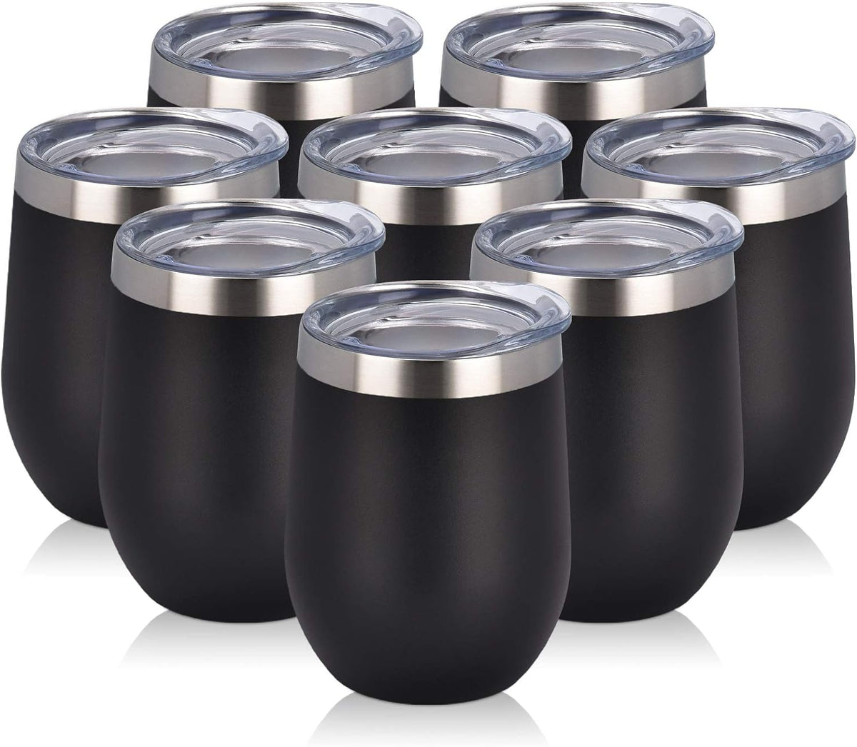 8 Pack 12Oz Stainless Steel Wine Tumblers, Insulated Wine Tumbler, Double Wall Insulated Wine Glass, Stainless Steel Stemless Wine Cups with Lids for Coffee, Wine, Cocktails, Champaign, Black