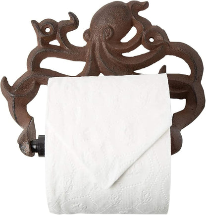 Rust Brown Cast Iron Octopus Toilet Paper Holder – Nautical Cabin | Rust Brown Octopus; Cast Iron; 6.69"H X 8.07"L; Holds Jumbo Rolls; Spring-Loaded; Screws and Anchors Included