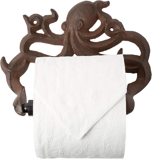 Rust Brown Cast Iron Octopus Toilet Paper Holder – Nautical Cabin | Rust Brown Octopus; Cast Iron; 6.69"H X 8.07"L; Holds Jumbo Rolls; Spring-Loaded; Screws and Anchors Included