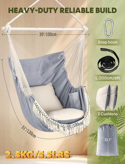 Hammock Chair Hanging Swing Max 500 Lbs 2 Cushions Included Metal Spreader Bar with Anti-Slip Grooves Portable Hanging Chair Side Pocket Large Macrame Bohemian Chair Indoor Outdoor